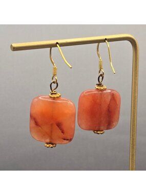 VTG Carnelian Dangle Earrings 1.75" Mixed Metal Floral Caps Bohemian Statement